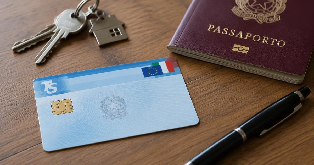 Italská karta s daňovým kódem, cestovní pas, pero a klíče od domu na stole