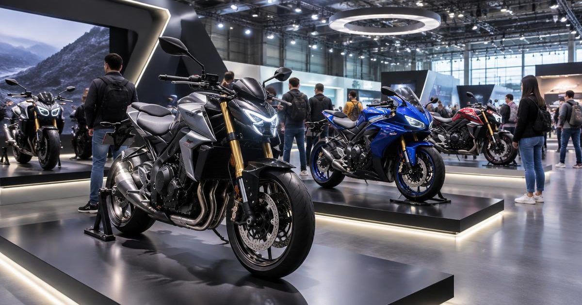 Nové motocykly vystavené na výstavišti, návštěvníci si je prohlížejí