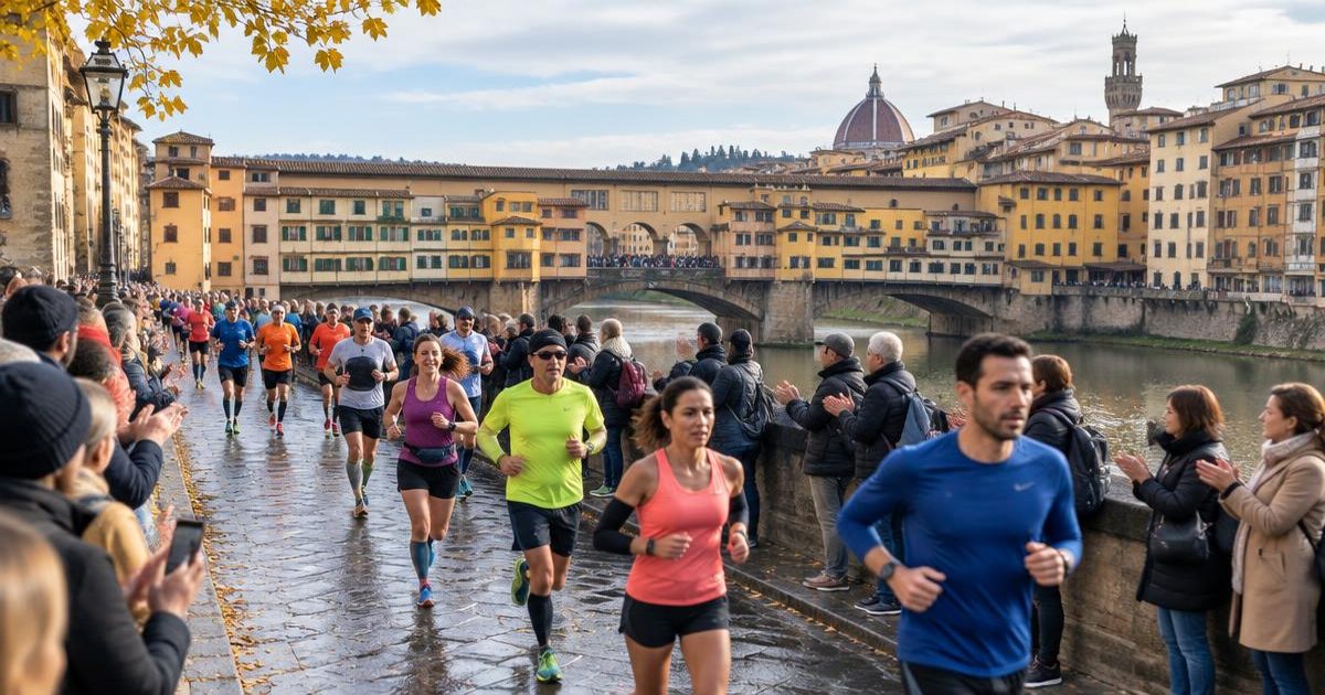 Maratonští běžci na nábřeží Arna ve Florencii u mostu Ponte Vecchio