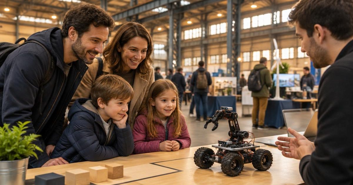 Rodina s dětmi sleduje ukázku malého robota na veletrhu inovací
